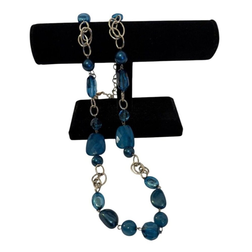 Silver Chain Deep Turquoise Aqua Necklace Faceted Acrylic Beaded Station XLong